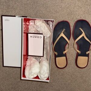 Coach Navy and Tan Flip Flops